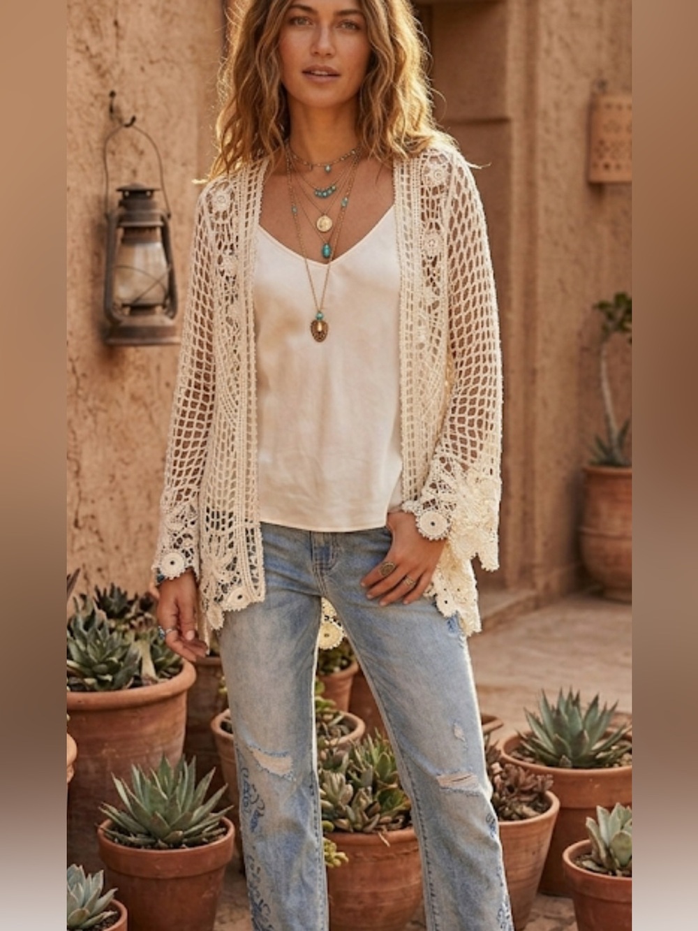 Rebellion Again Cream Crochet Lace Cardigan Boho Festival Open Front Large